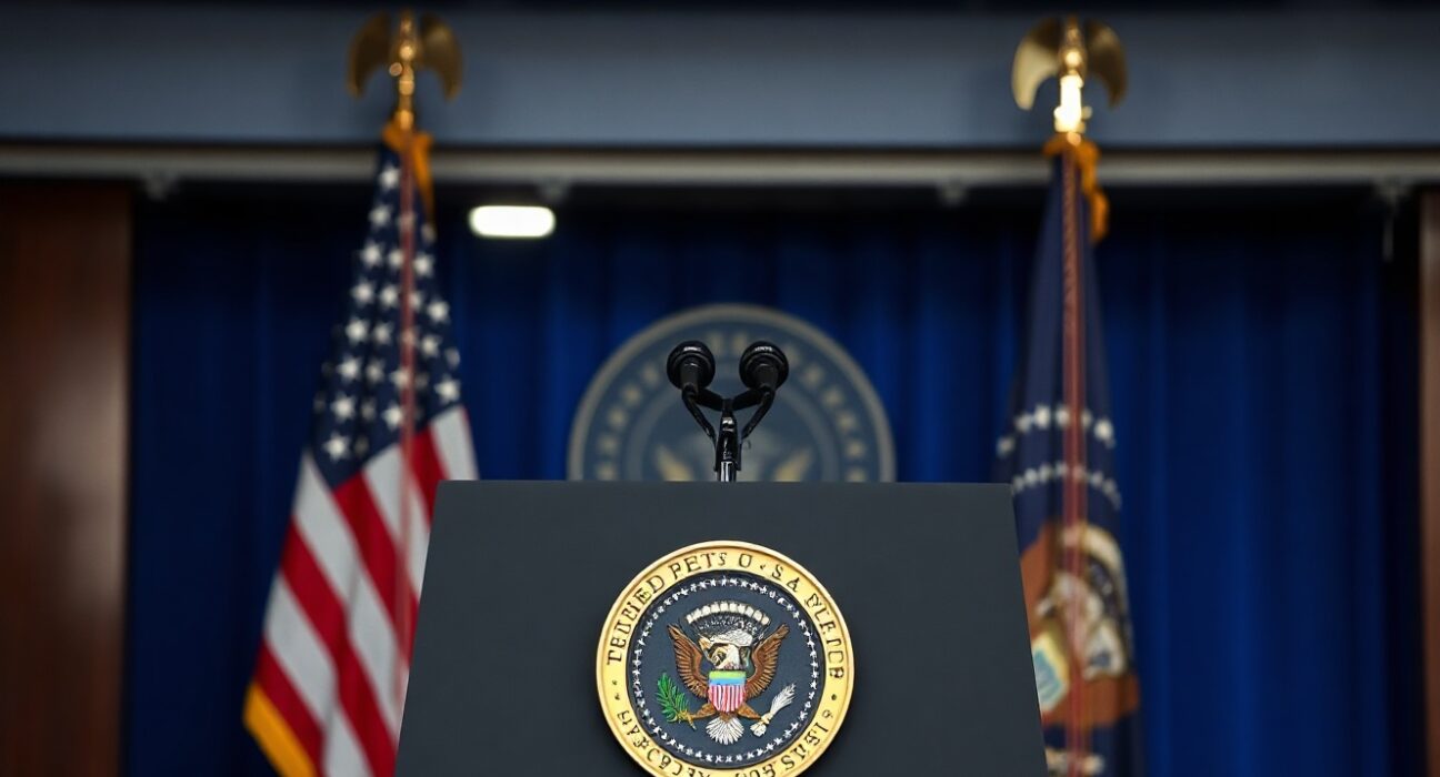 U.S. presidential podium with microphone and American flag in background, symbolizing policy announcement on cryptocurrency.
