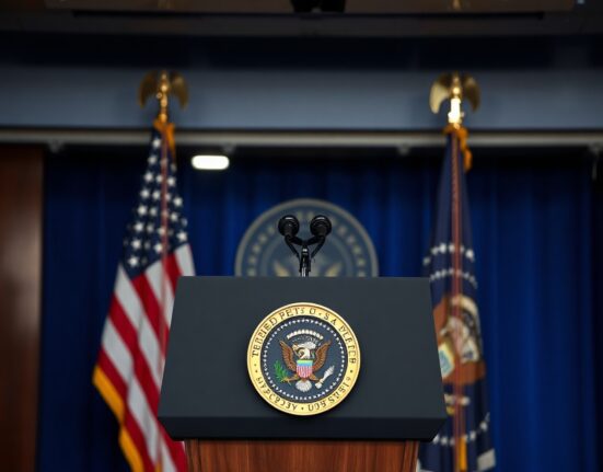 U.S. presidential podium with microphone and American flag in background, symbolizing policy announcement on cryptocurrency.