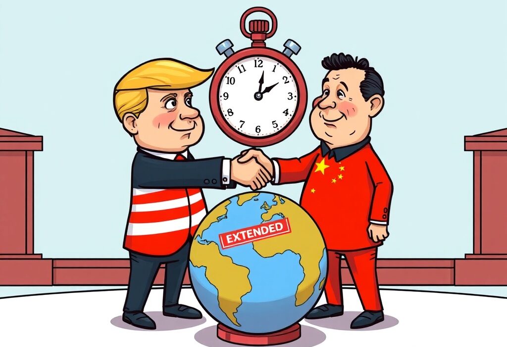A cartoon illustration showing the extended deadline for Trump China tariffs negotiations, symbolizing ongoing US China trade deal discussions.