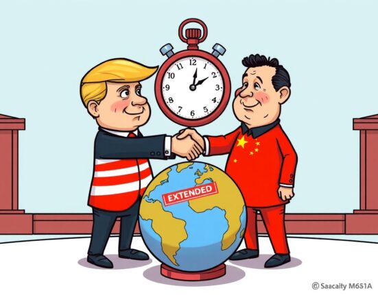 A cartoon illustration showing the extended deadline for Trump China tariffs negotiations, symbolizing ongoing US China trade deal discussions.