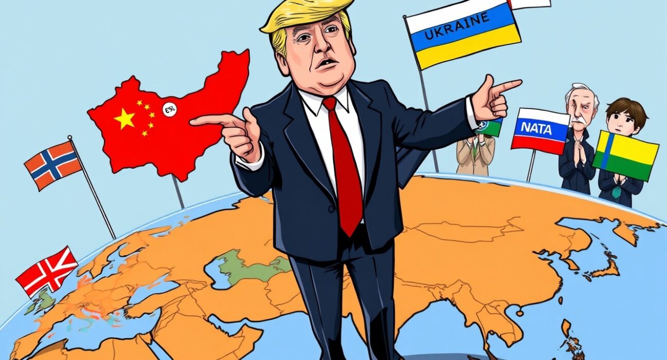 Cartoon showing Trump proposing steep Trump China tariffs to influence the Ukraine war outcome.