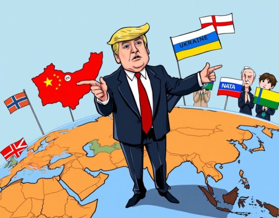 Cartoon showing Trump proposing steep Trump China tariffs to influence the Ukraine war outcome.