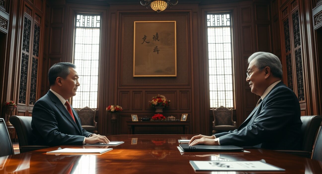 President Trump and President Xi Jinping in a formal meeting room in Beijing discussing a trade deal.