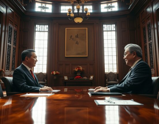 President Trump and President Xi Jinping in a formal meeting room in Beijing discussing a trade deal.