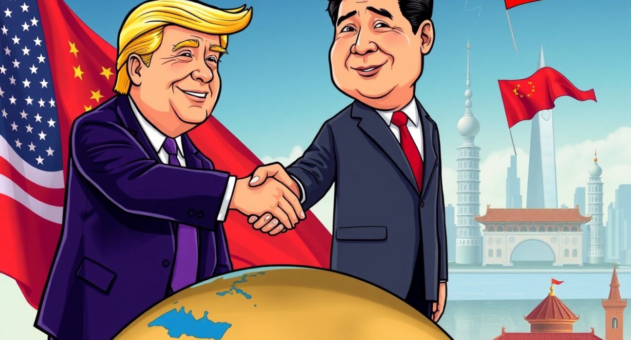 Cartoon illustration showing President Trump and President Xi engaging in diplomatic talks, highlighting the upcoming Trump China visit.