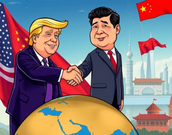 Cartoon illustration showing President Trump and President Xi engaging in diplomatic talks, highlighting the upcoming Trump China visit.