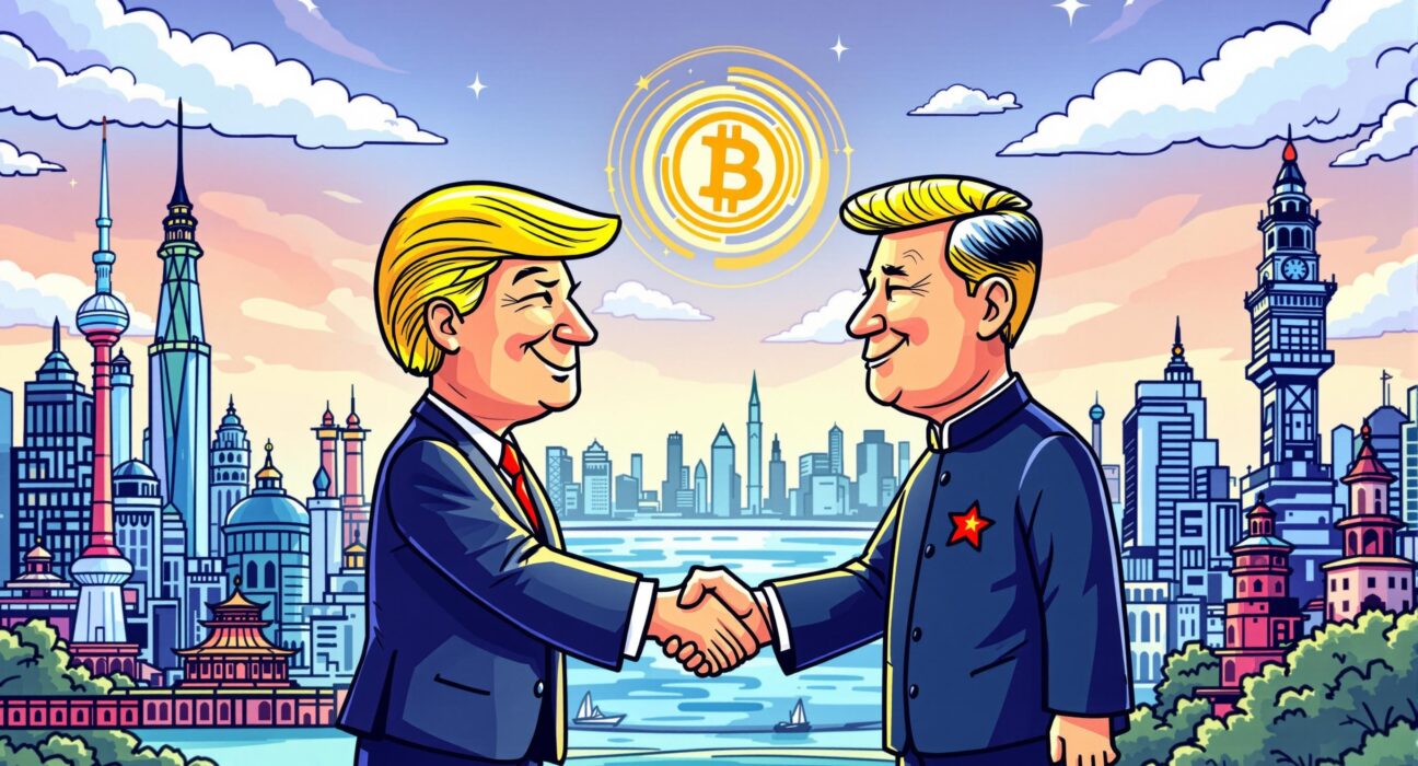 A vibrant cartoon illustration showing a handshake between two leaders, symbolizing the potential Trump China visit and its global diplomatic implications.