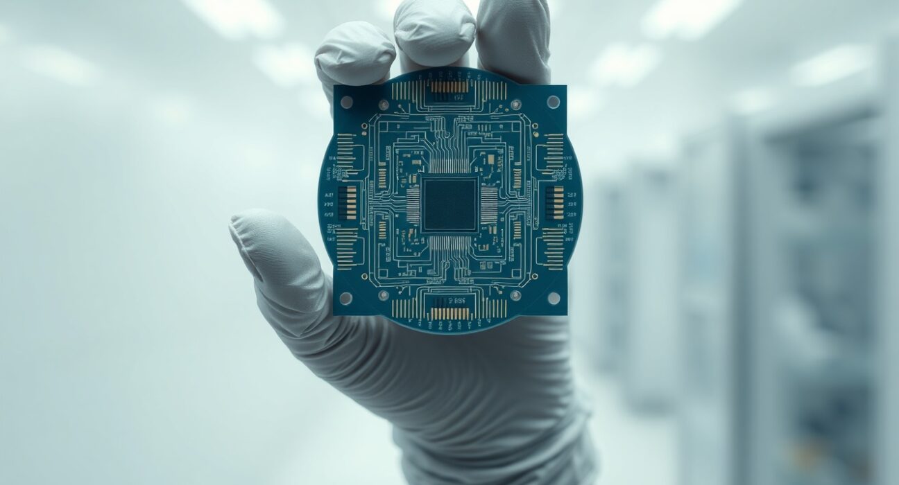 Semiconductor wafer representing new US chip export controls and AI technology regulations.