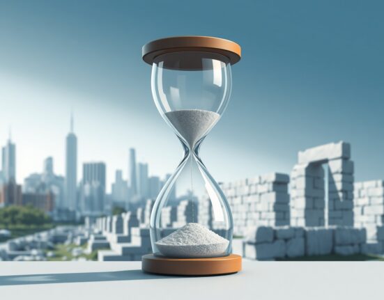 Symbolic hourglass representing Trump's civilization warning with modern and ancient backgrounds