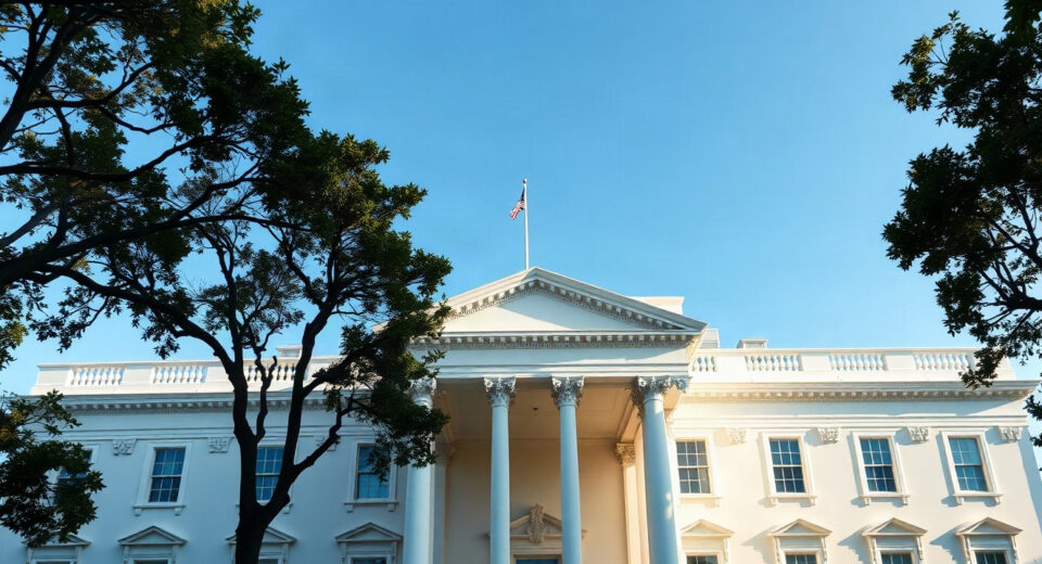 White House exterior on a clear day, symbolizing the venue for the crypto policy meeting.