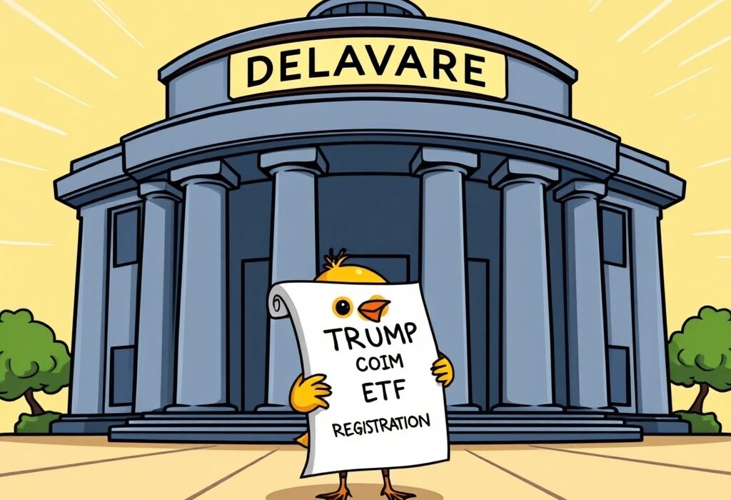 A cartoon canary holding a TRUMP Coin ETF registration document in front of a Delaware building, symbolizing a new digital asset investment.