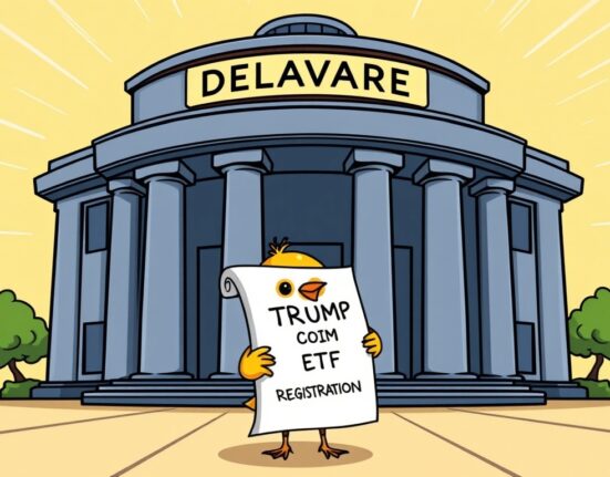 A cartoon canary holding a TRUMP Coin ETF registration document in front of a Delaware building, symbolizing a new digital asset investment.
