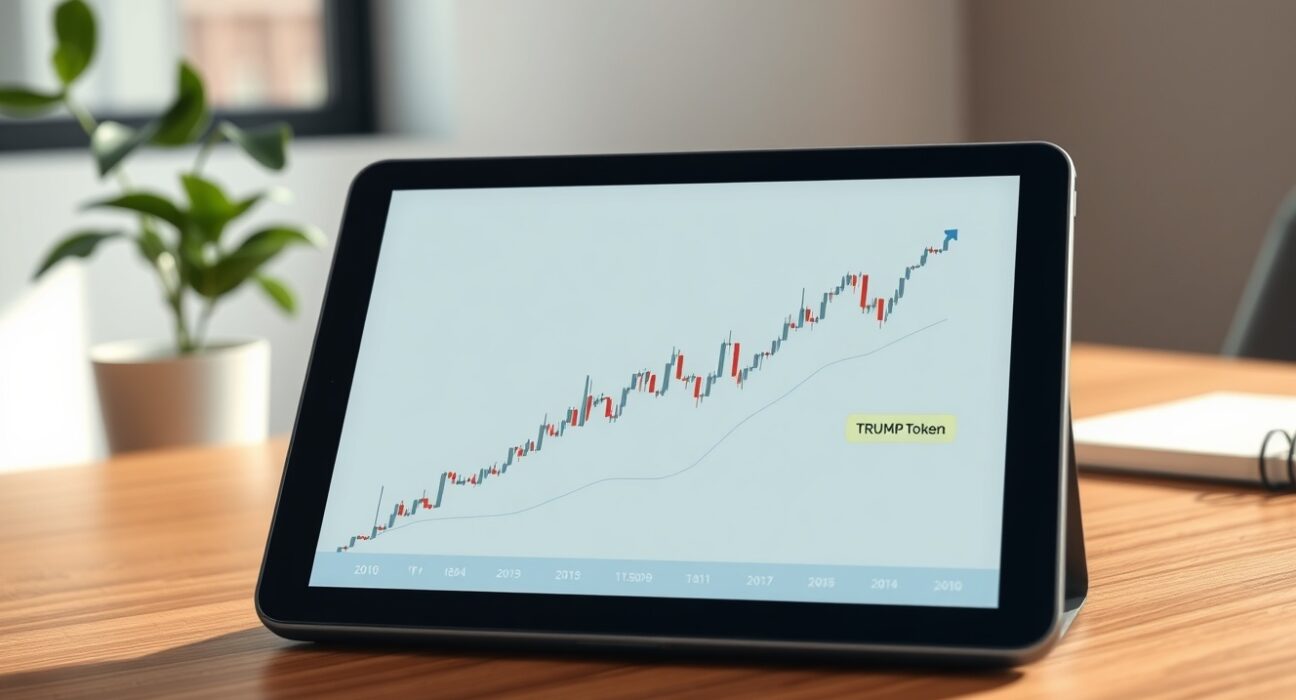 Analyst reviewing a cryptocurrency price chart for the official Trump (TRUMP) token on a digital tablet.