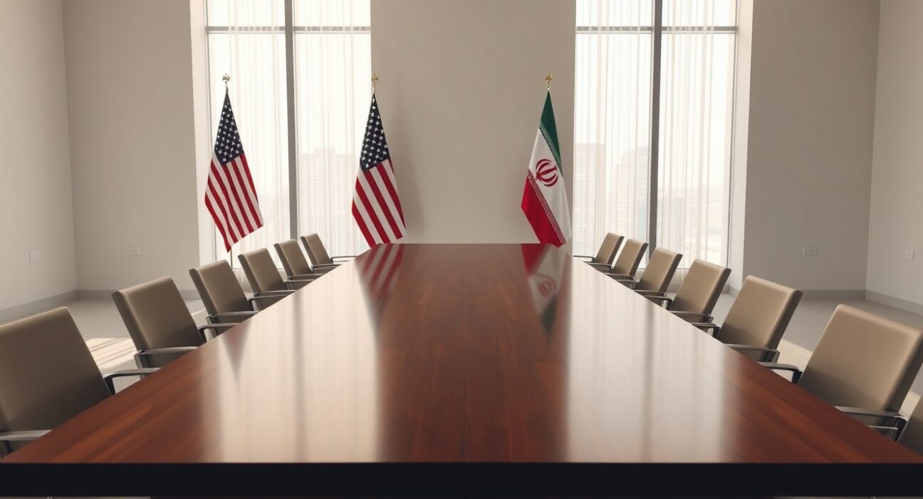 Diplomatic setting with US and Iranian flags in a meeting room in Doha, Qatar, representing upcoming nuclear talks.