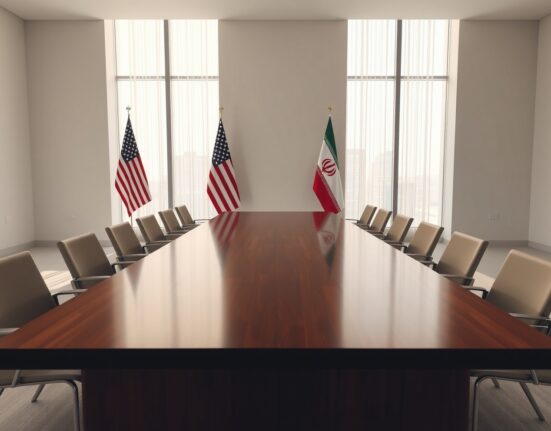 Diplomatic setting with US and Iranian flags in a meeting room in Doha, Qatar, representing upcoming nuclear talks.