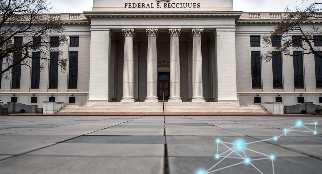 Exterior of the Federal Reserve building in Washington, D.C., under overcast sky, with subtle digital overlay representing cryptocurrency integration.
