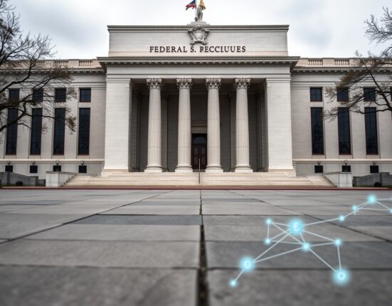 Exterior of the Federal Reserve building in Washington, D.C., under overcast sky, with subtle digital overlay representing cryptocurrency integration.