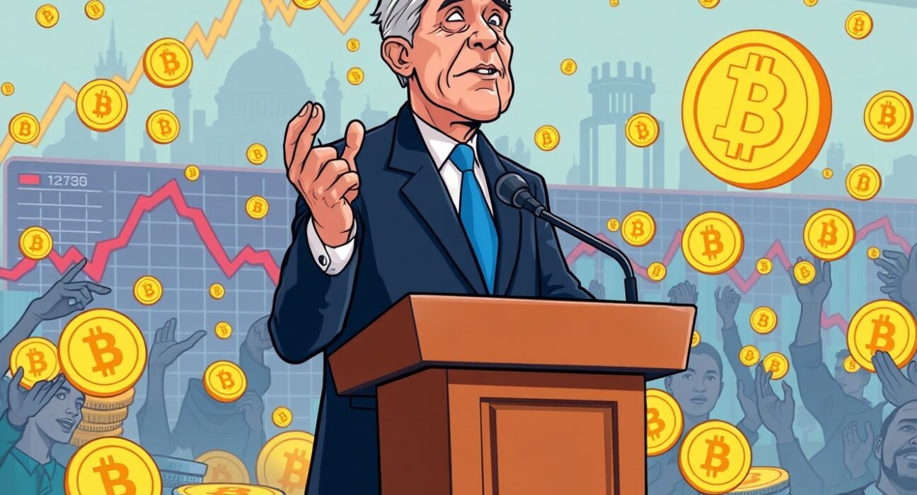 A cartoon illustration of a former president making a Trump crypto announcement at a podium, with a dynamic crypto market in the background.