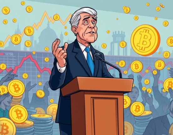 A cartoon illustration of a former president making a Trump crypto announcement at a podium, with a dynamic crypto market in the background.