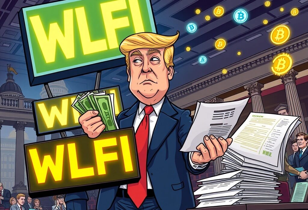 A cartoon illustration showing a politician weighing his financial gains from WLFI against proposed Trump crypto bills, highlighting a conflict.