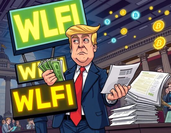 A cartoon illustration showing a politician weighing his financial gains from WLFI against proposed Trump crypto bills, highlighting a conflict.