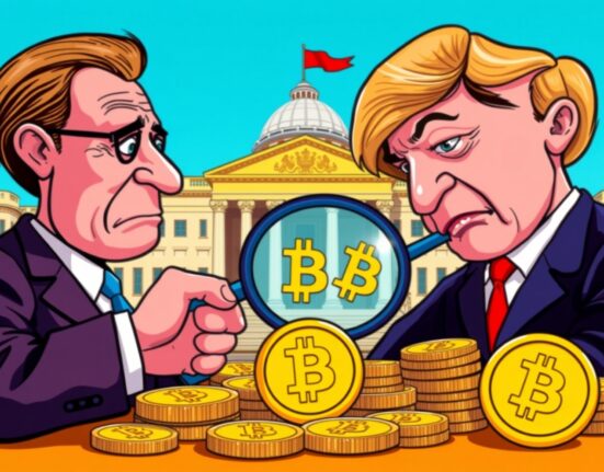 Political investigation into Trump crypto businesses showing corruption allegations in cartoon style
