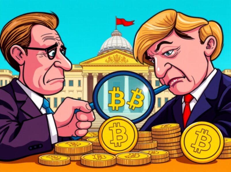 Political investigation into Trump crypto businesses showing corruption allegations in cartoon style