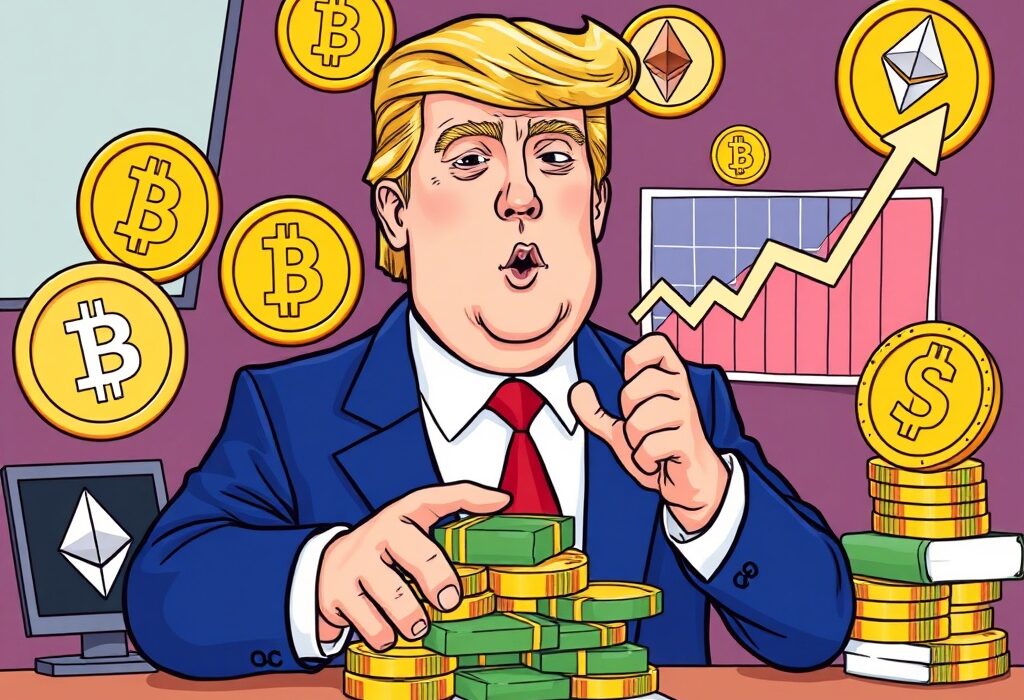 A cartoon illustration showing a figure celebrating substantial Trump crypto earnings from digital assets, highlighting significant financial growth.