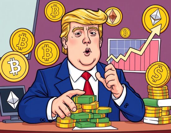 A cartoon illustration showing a figure celebrating substantial Trump crypto earnings from digital assets, highlighting significant financial growth.