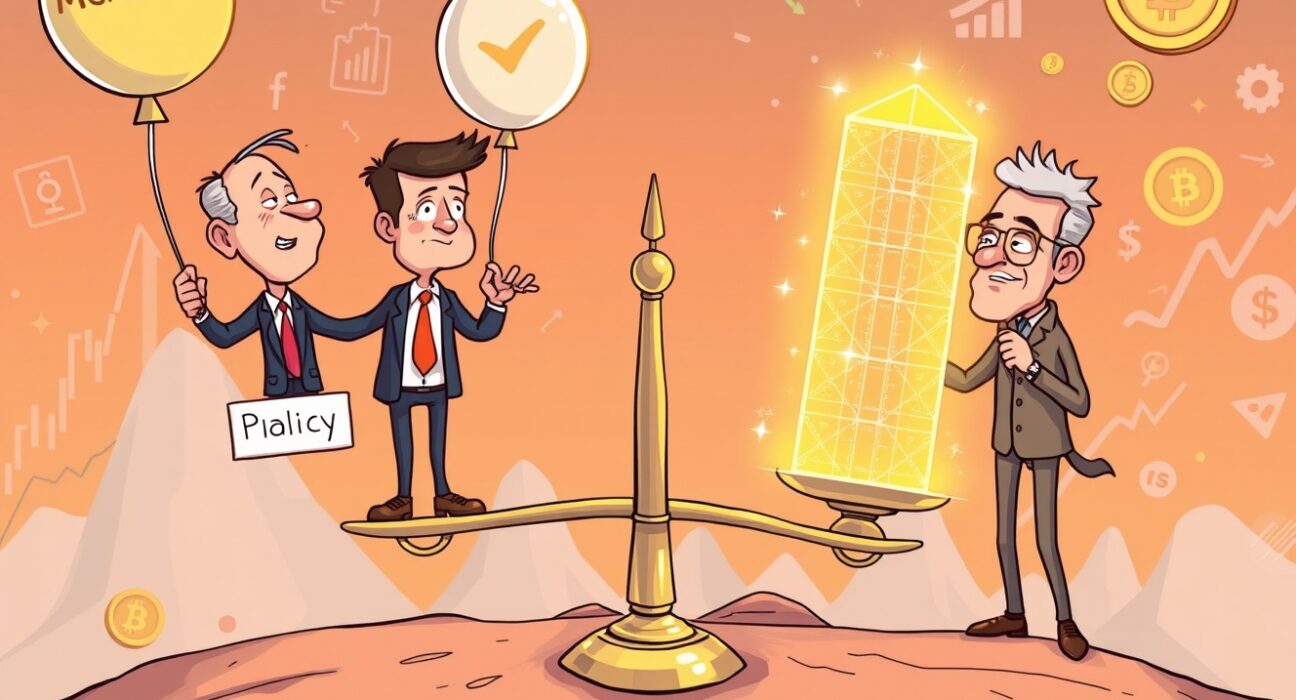 Cartoon illustration of political figures influencing the volatile crypto market with controversial decisions.
