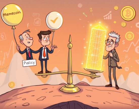 Cartoon illustration of political figures influencing the volatile crypto market with controversial decisions.