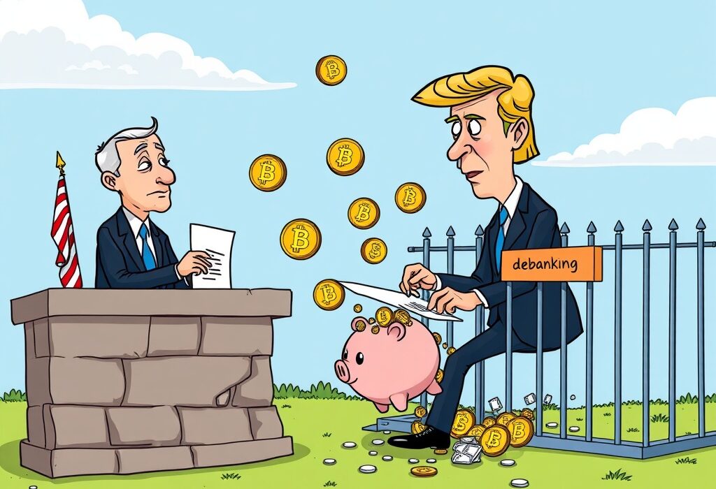 Cartoon showing Trump crypto orders opening new digital asset access for institutional crypto adoption and preventing crypto debanking.