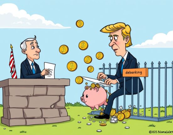 Cartoon showing Trump crypto orders opening new digital asset access for institutional crypto adoption and preventing crypto debanking.