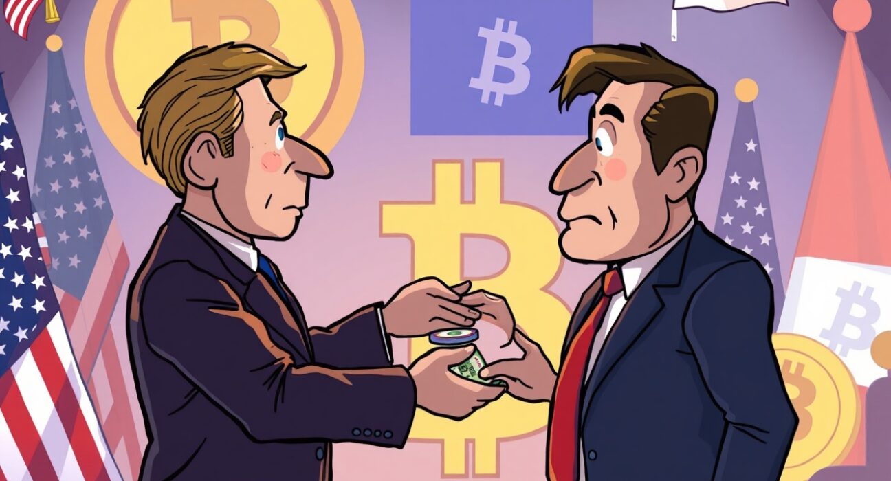 Cartoon illustrating the controversial nature of Trump's crypto pardon of Changpeng Zhao amidst political scrutiny.