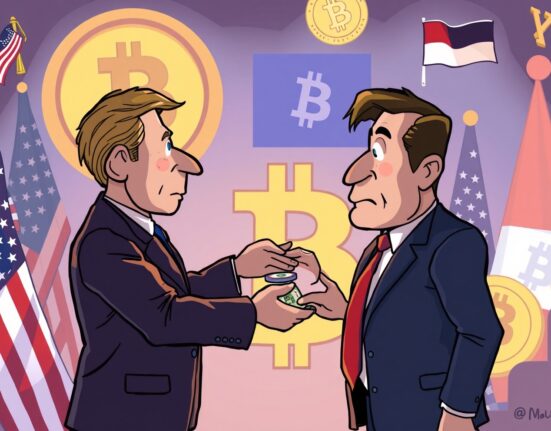 Cartoon illustrating the controversial nature of Trump's crypto pardon of Changpeng Zhao amidst political scrutiny.