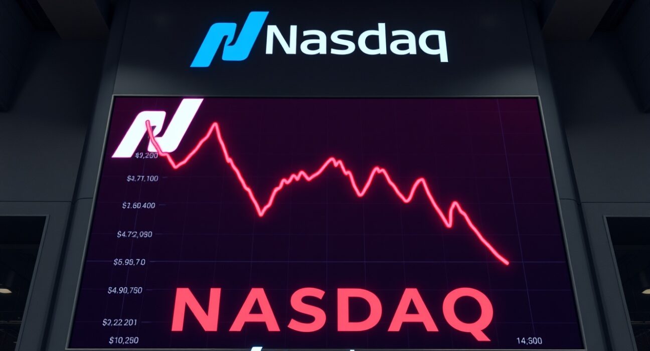Digital stock board showing a sharp decline with Nasdaq logo in background