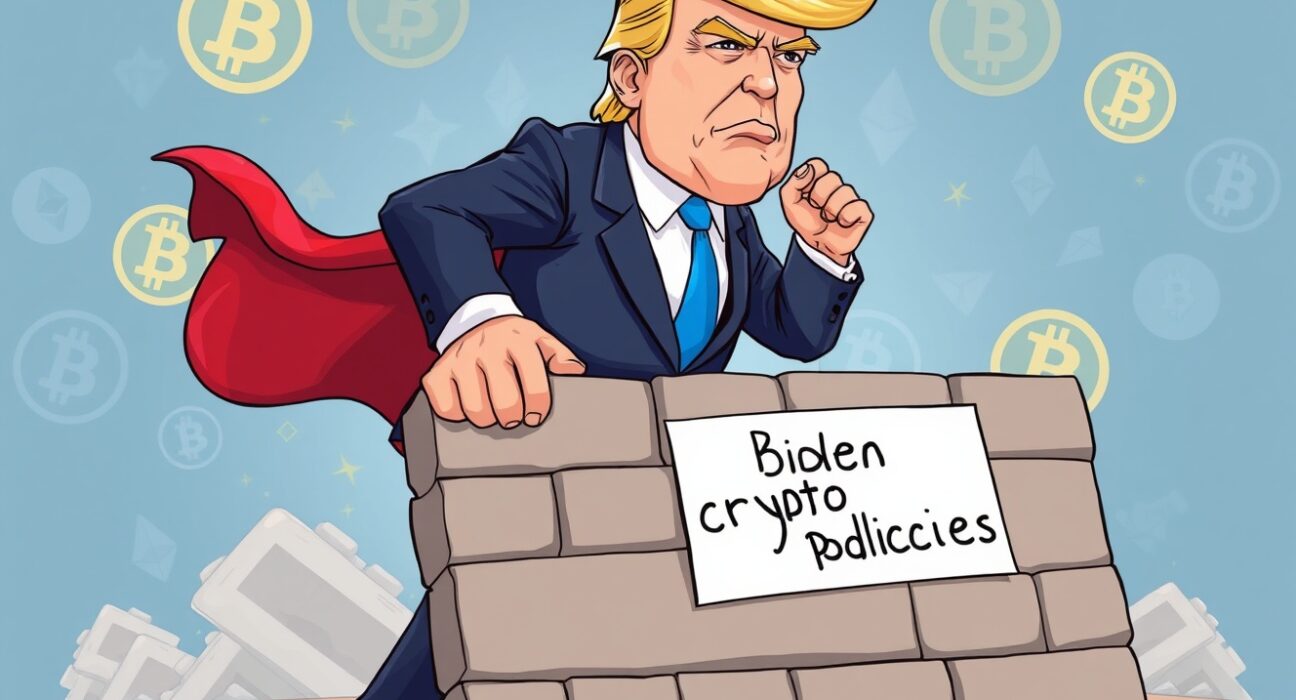 Cartoon illustration symbolizing a positive shift in Trump crypto policy, with a figure ending restrictions on digital assets.