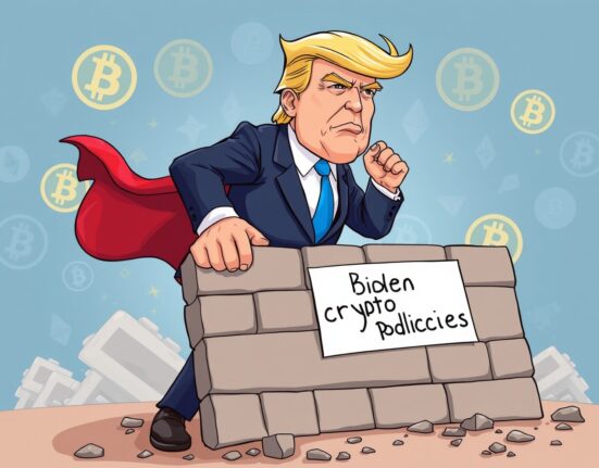 Cartoon illustration symbolizing a positive shift in Trump crypto policy, with a figure ending restrictions on digital assets.