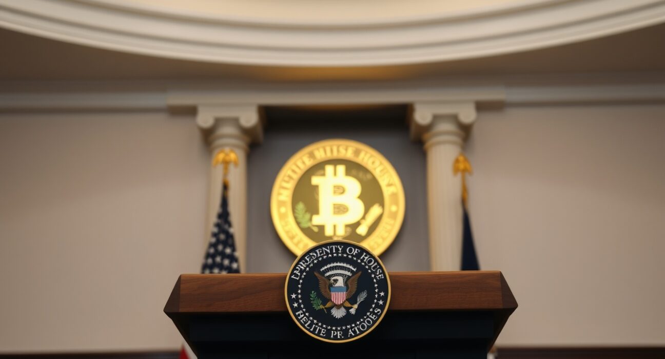 White House podium with presidential seal and faint Bitcoin symbol in background
