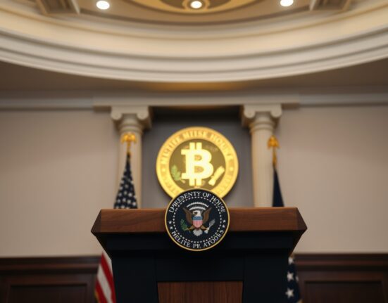White House podium with presidential seal and faint Bitcoin symbol in background