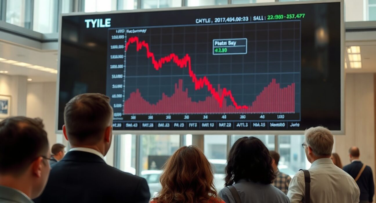 Investors watching a declining cryptocurrency chart on a large digital display in a financial district lobby.