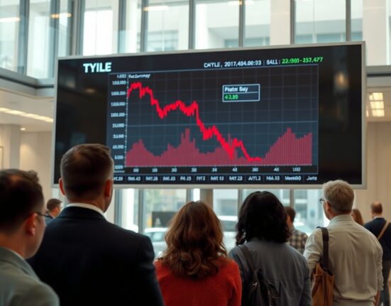 Investors watching a declining cryptocurrency chart on a large digital display in a financial district lobby.