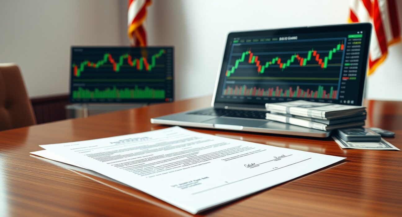 Financial disclosure document and laptop with crypto chart on desk