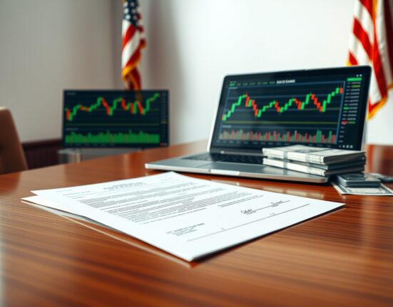 Financial disclosure document and laptop with crypto chart on desk