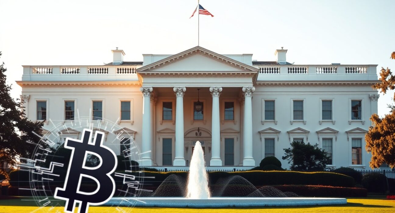 White House with holographic Bitcoin symbol and blockchain network in foreground