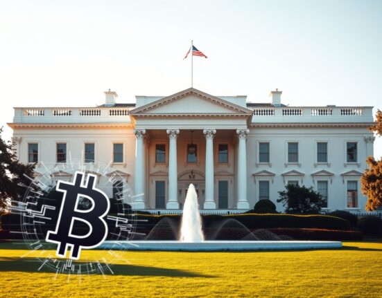White House with holographic Bitcoin symbol and blockchain network in foreground