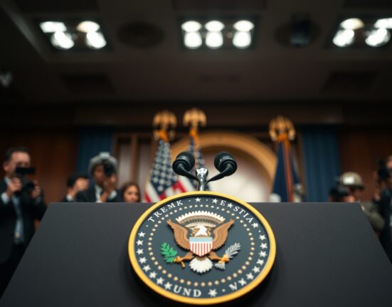 US presidential podium at a press conference with journalists in background