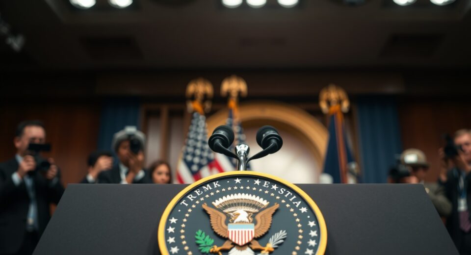 US presidential podium at a press conference with journalists in background