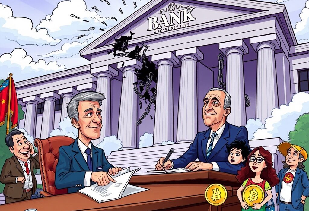 Cartoon depicting an executive order addressing debanking to ensure financial inclusion for crypto firms.
