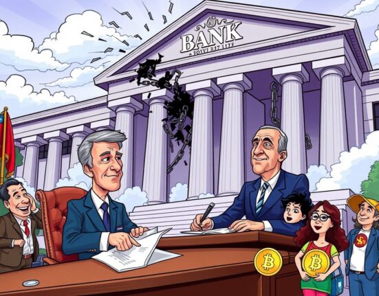 Cartoon depicting an executive order addressing debanking to ensure financial inclusion for crypto firms.